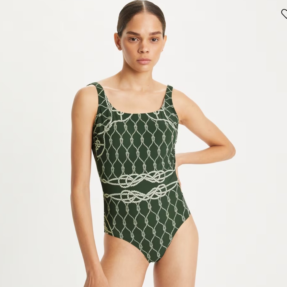 Tory Burch Printed Tank Swimsuit in Green Rope, Size Small